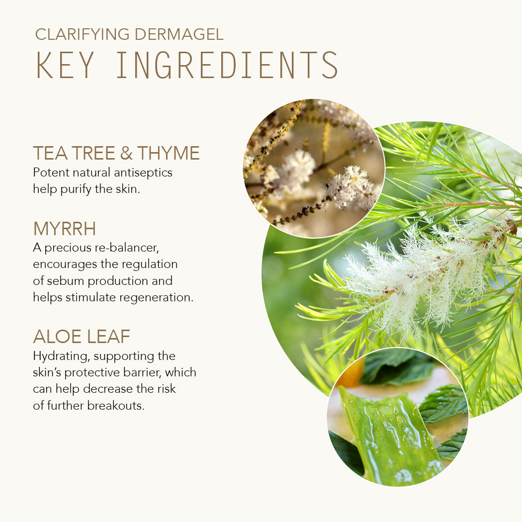 Key Ingredients for Clarifying Dermagel include Tea Tree and Thyme, Myrrh and Aloe Leaf.