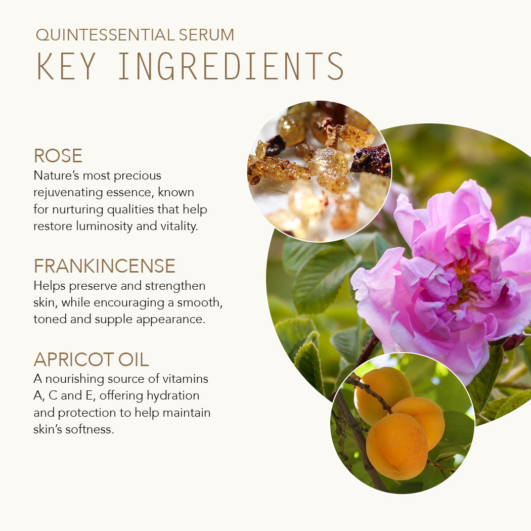 Quintessential serum key ingredients with images of rose, frankincense, and apricot oil.